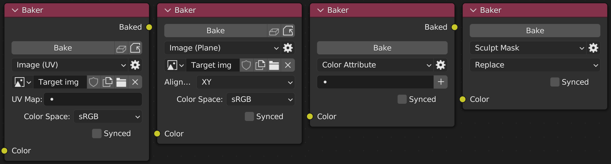 Four baker nodes with different target types
