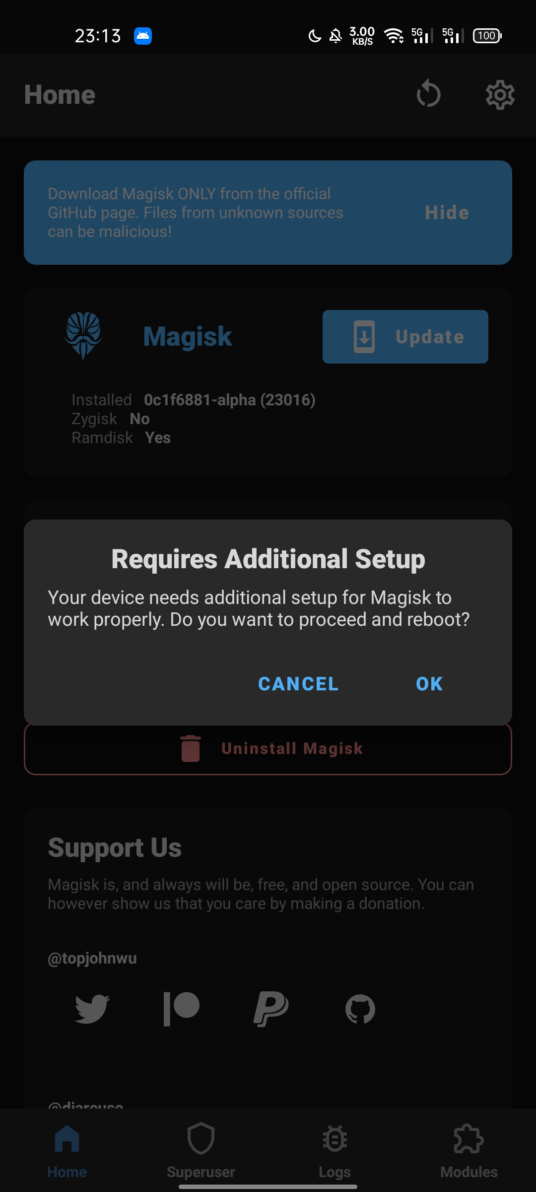 Can't update and stuck with "Require addition setup", zygisk can't be
