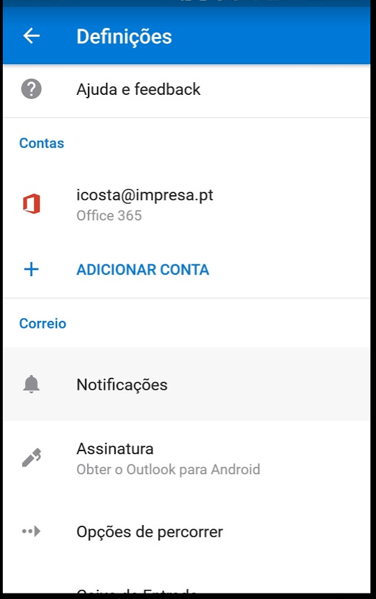Settings screen on Microsoft in portuguese