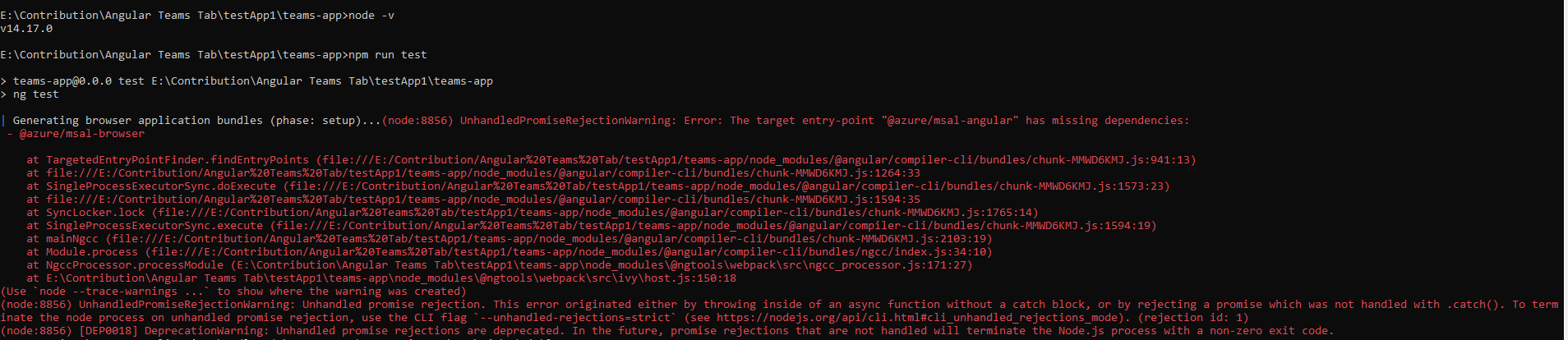 Running `npm run test` on the scaffolded project fails with an error ...