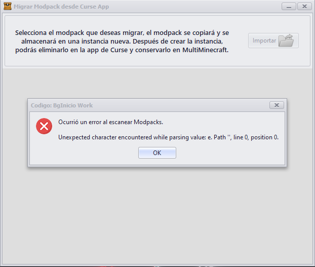 Error al intentar migrar modpack de CurseForge "Ocurrió un error al ...