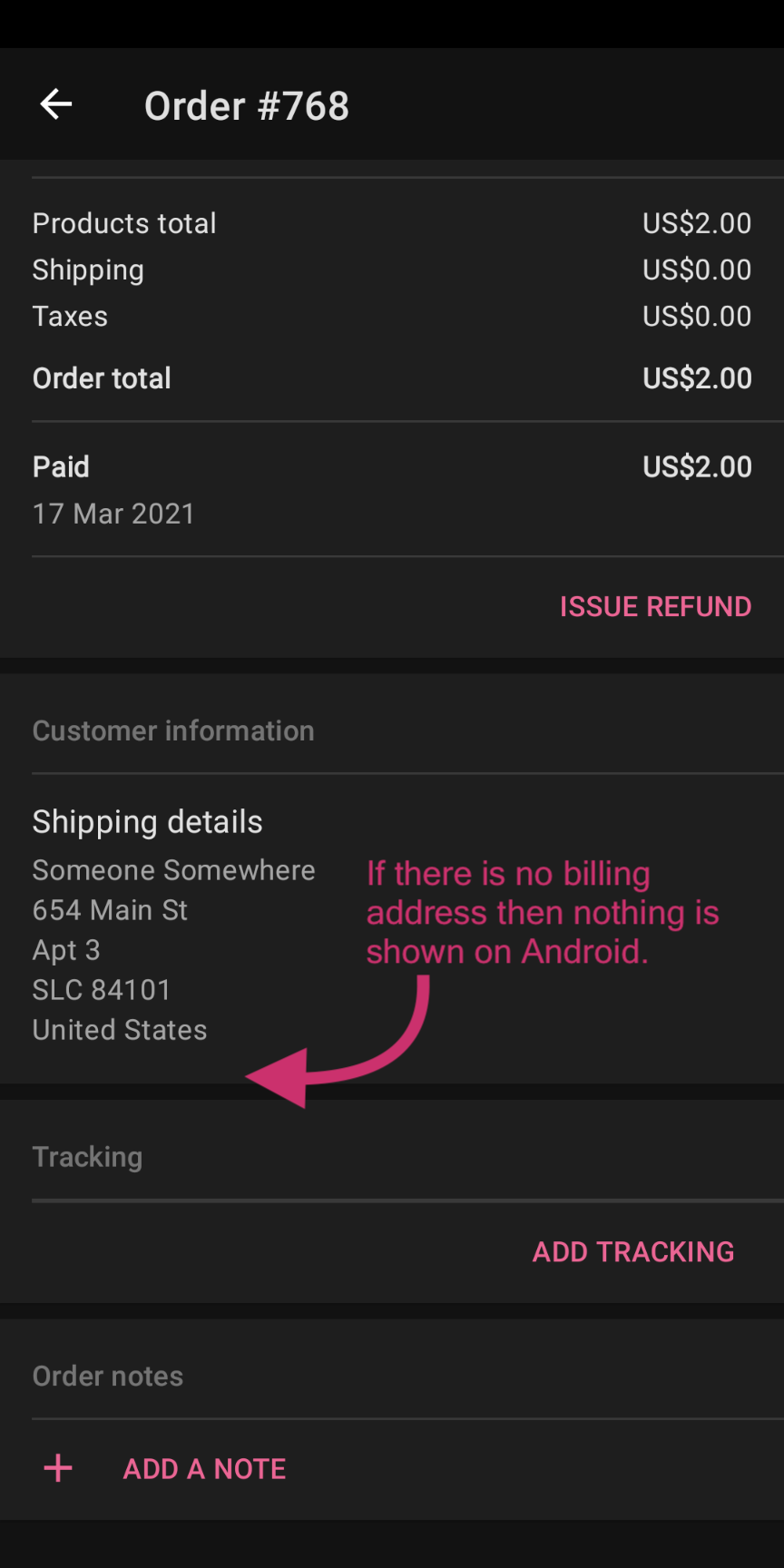 Order Details consider showing "No address specified" for orders