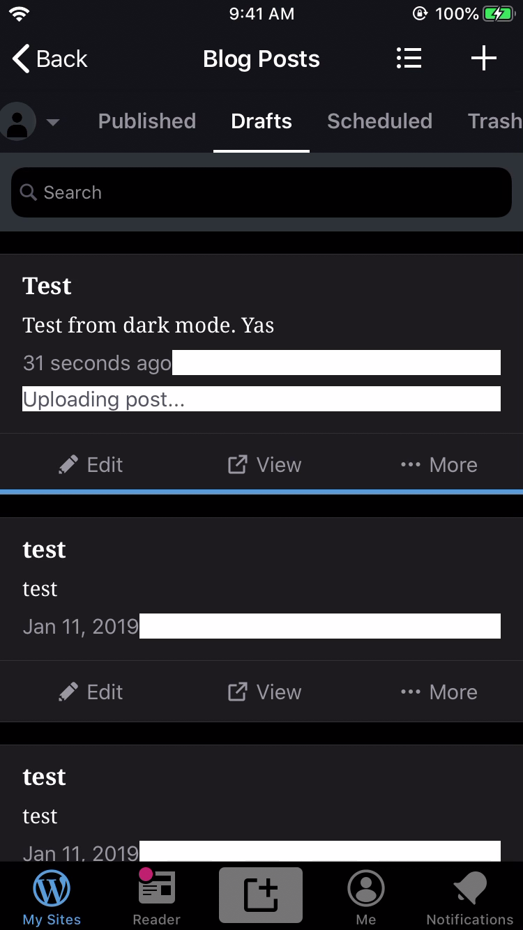 wpios-13 2-beta-dark-mode-uploading-post-notice-has-white-bg