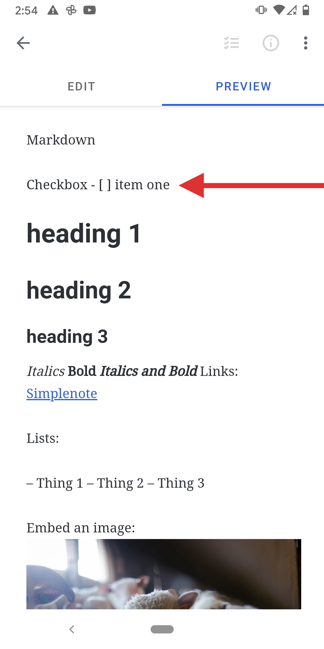 Checkbox is shown in markdown edit mode and `- [ ]` is shown in preview ...