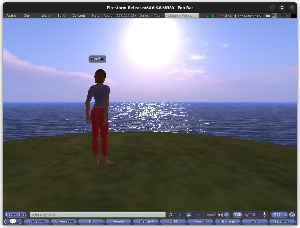 Screenshot from inside the Firestorm Metaverse client, showing a woman with a floating nametag 'foo bar' staring out into the ocean, standing upon a small mound island