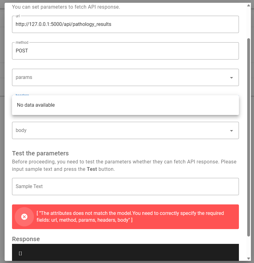 Unable to configure params headers body in auto labeling custom rest