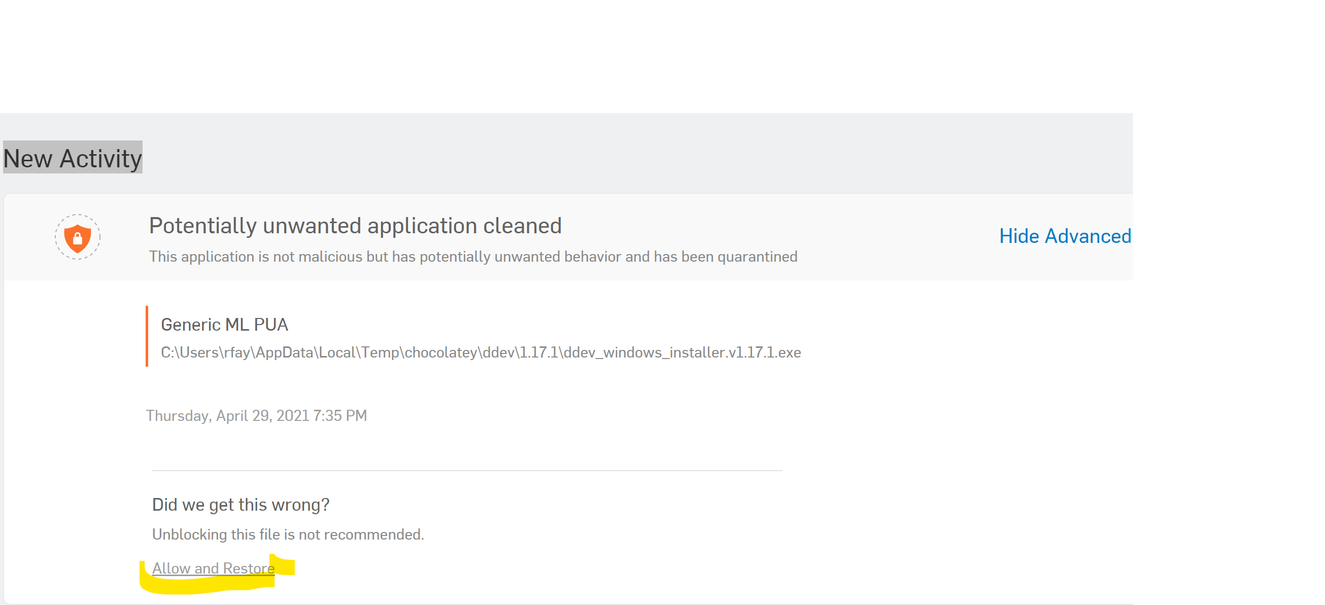Sophos considers ddev_windows_installer v1.17.1 a threat or virus in