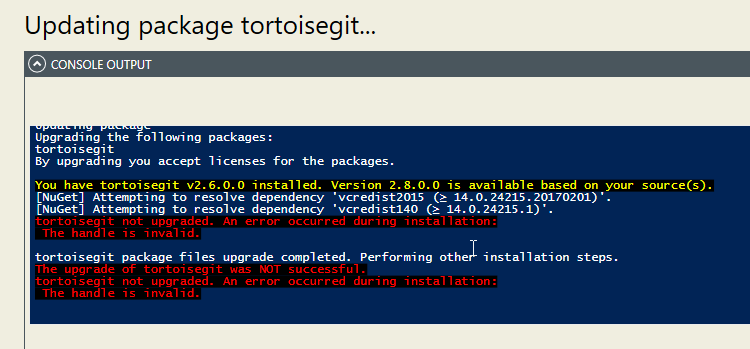 Pre-release v0.17 cannot update packages anymore: "The handle is ...