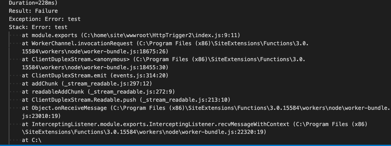 No stack trace displayed in VSCode log stream when the function throws ...