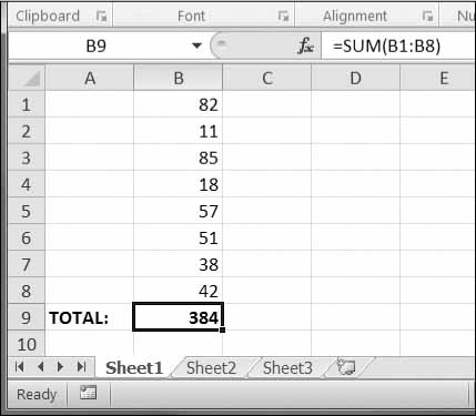 :Cell B9 contains the formula =SUM(B1:B8), which adds the cells B1 to B8