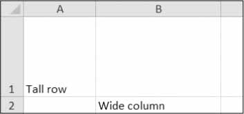 Row 1 and column B set to larger heights and widths