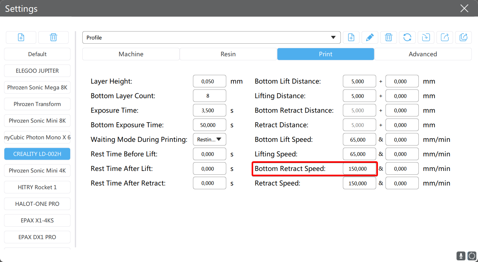 Edit Print Parameters: Default Bottom Retract speed? · sn4k3