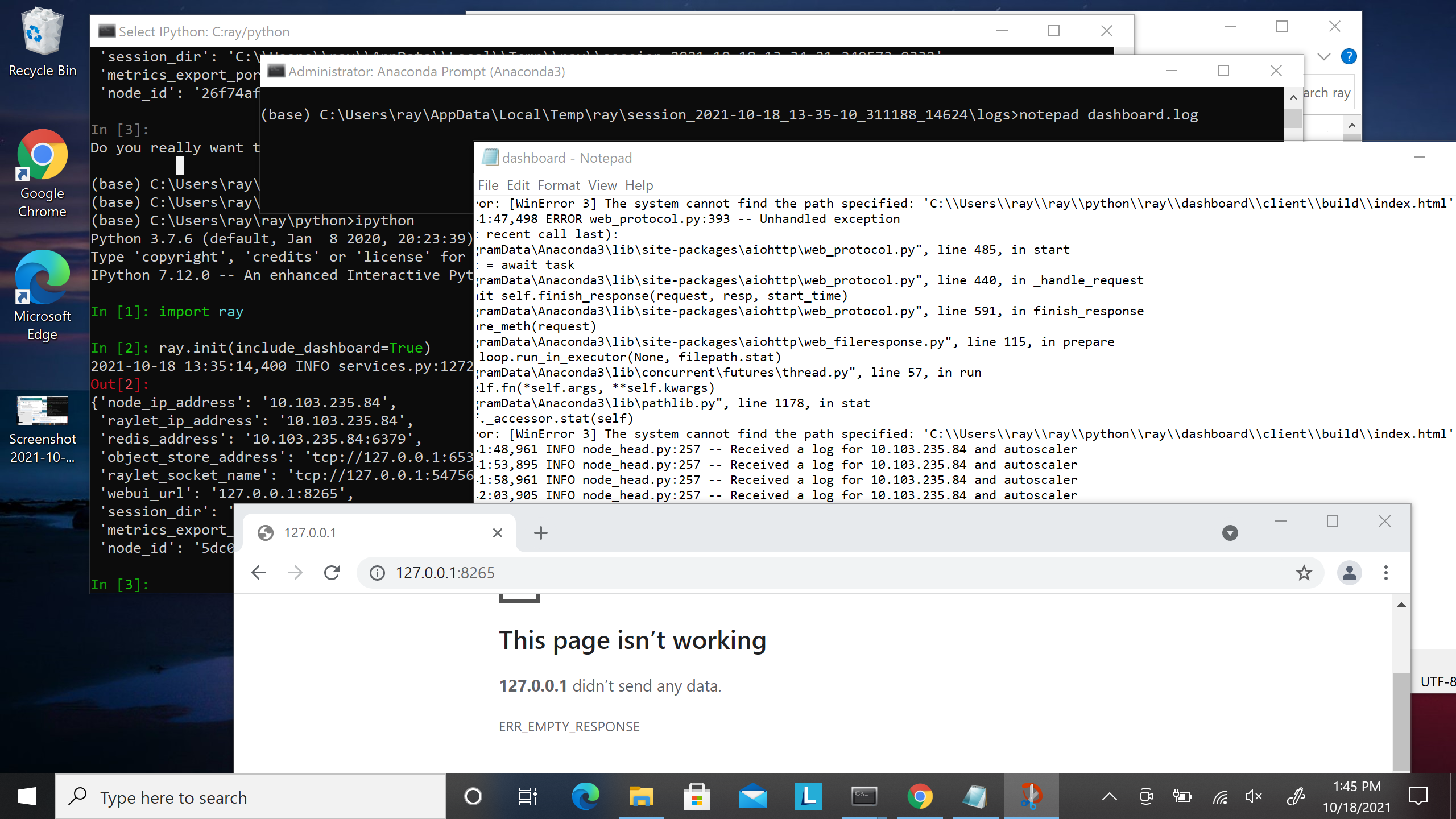 [Bug] ERR_EMPTY_RESPONSE when accessing the Ray dashboard in Windows ...