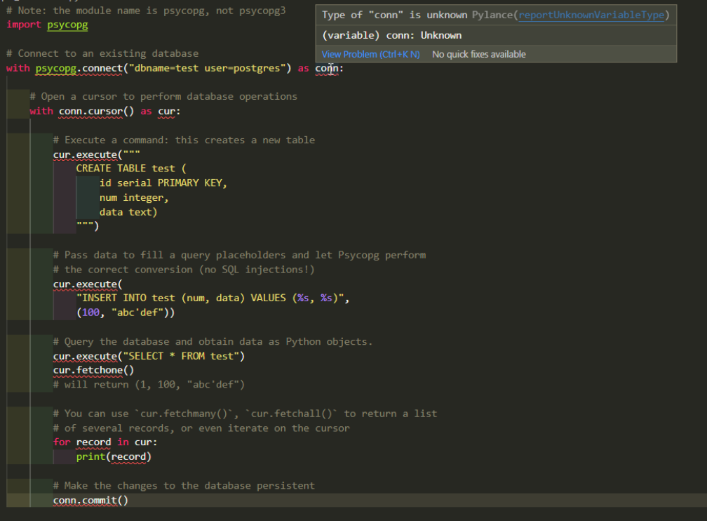 Pylance failing with psycopg · Issue #2267 · microsoft/pylance-release ...