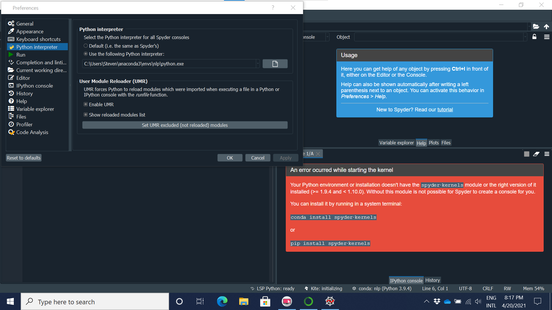 Your Python environment or installation doesn't have the spyder‑kernels ...