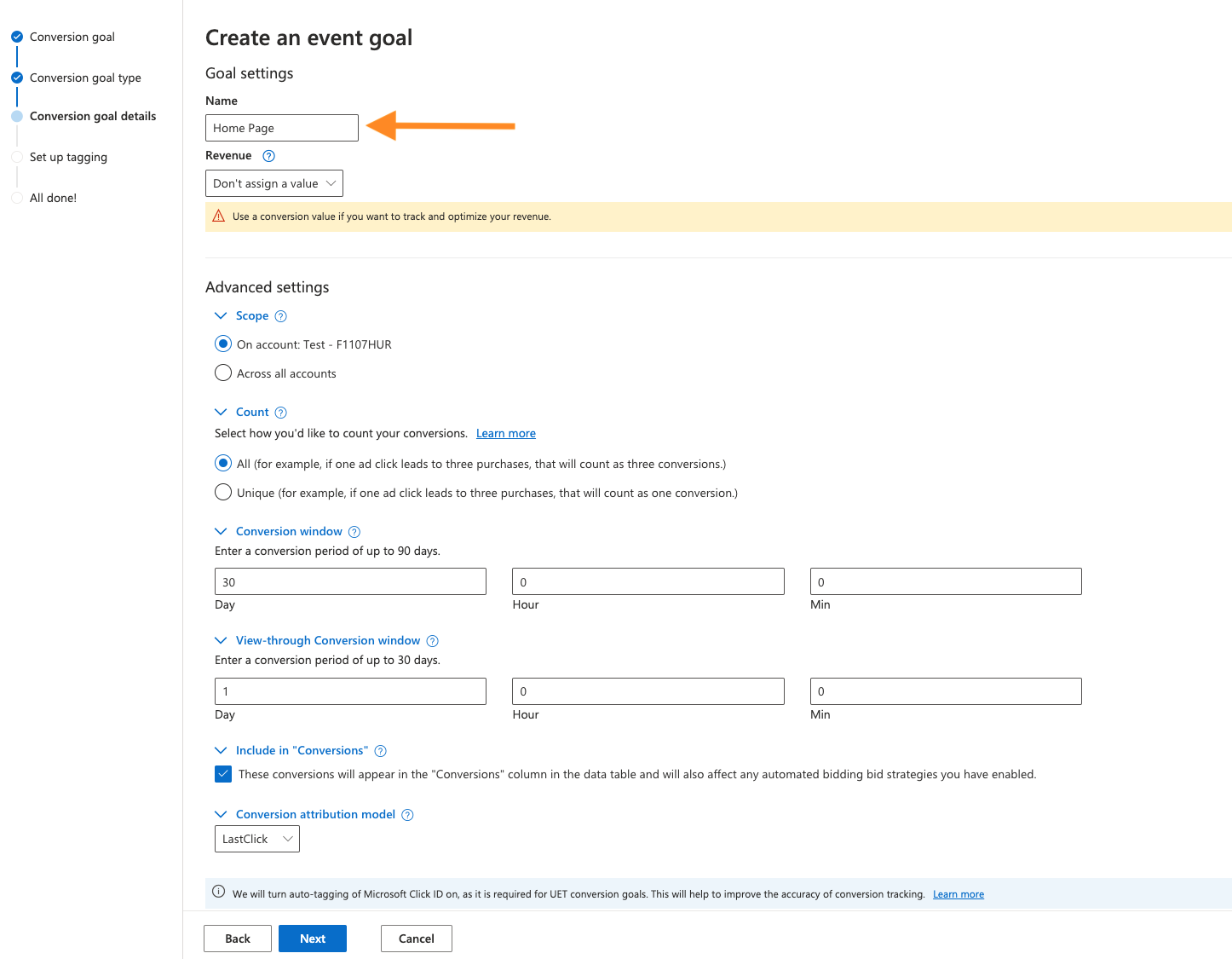 Updated Screenshot creating goal in Bing Ads
