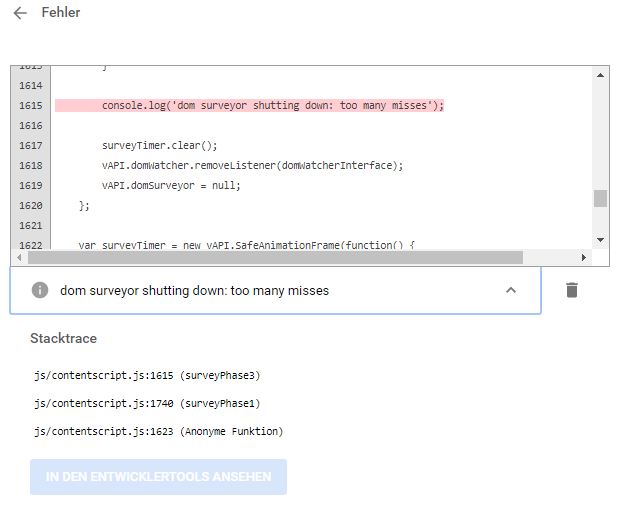 contentscript.js shows error "dom surveyor shutting down: too many ...
