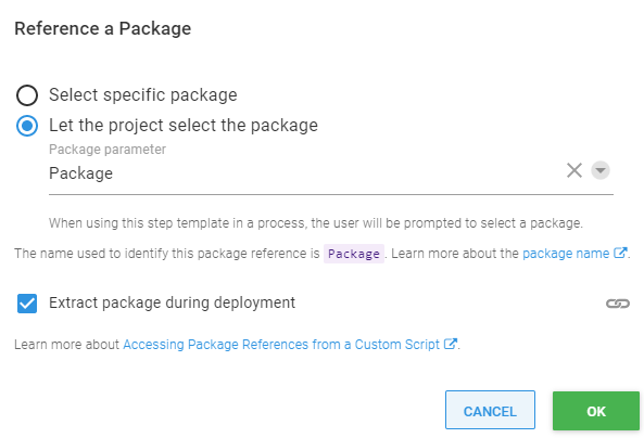 Package download options not available for package parameter in step ...