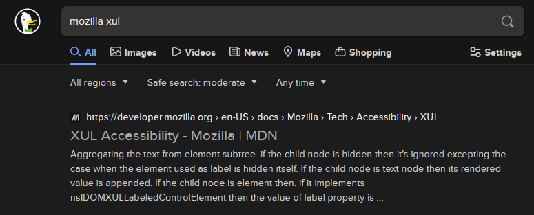Screenshot of a DDG search for "mozilla xul" with the first link being the missing page