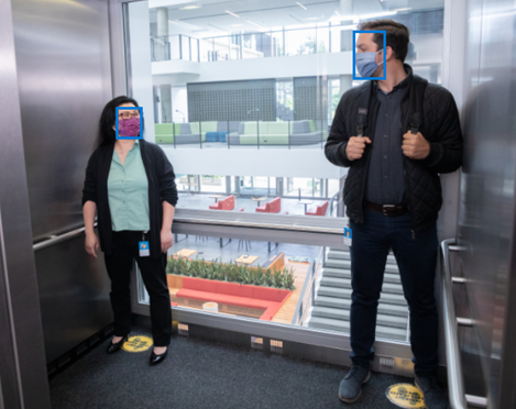 Photograph showing how Spatial Analysis classifies whether people have facemasks in an elevator.