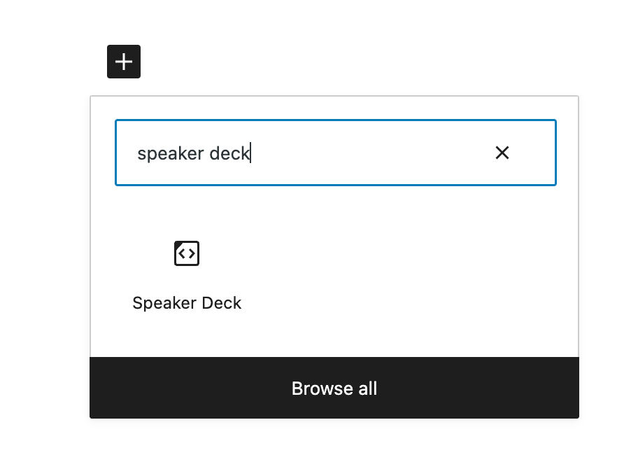 Screenshot adding the Speaker Deck block to a page or post