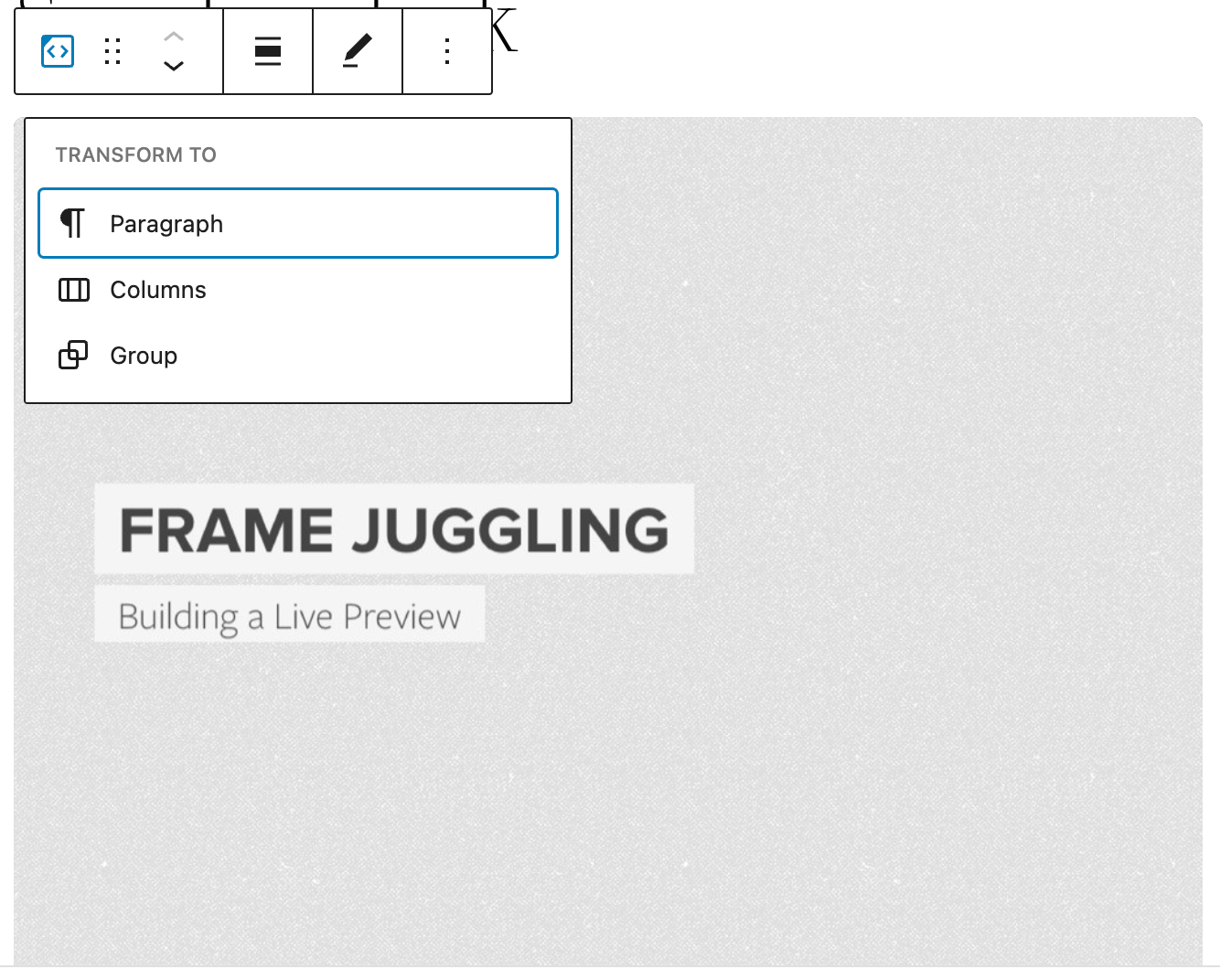 Options to transform the Speaker Deck block to Paragraph, Columns or Group.