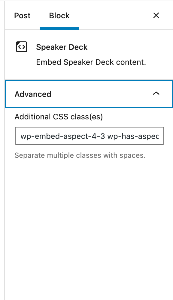 Additional CSS Class(es) option for the Speaker Deck Embed block.