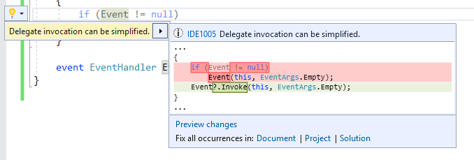 Delegate Invocation Can Be Simplified Refactoring Should Have A Different Title From The Analyzer Issue 31826 Dotnet Roslyn Github