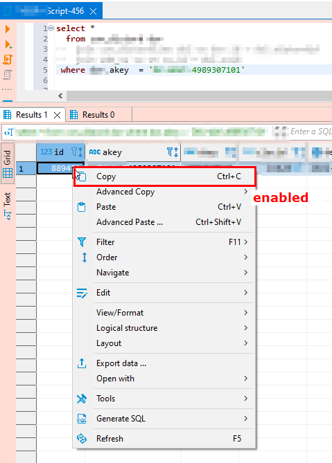 SQL Editor : Context menu in result area shows disabled
