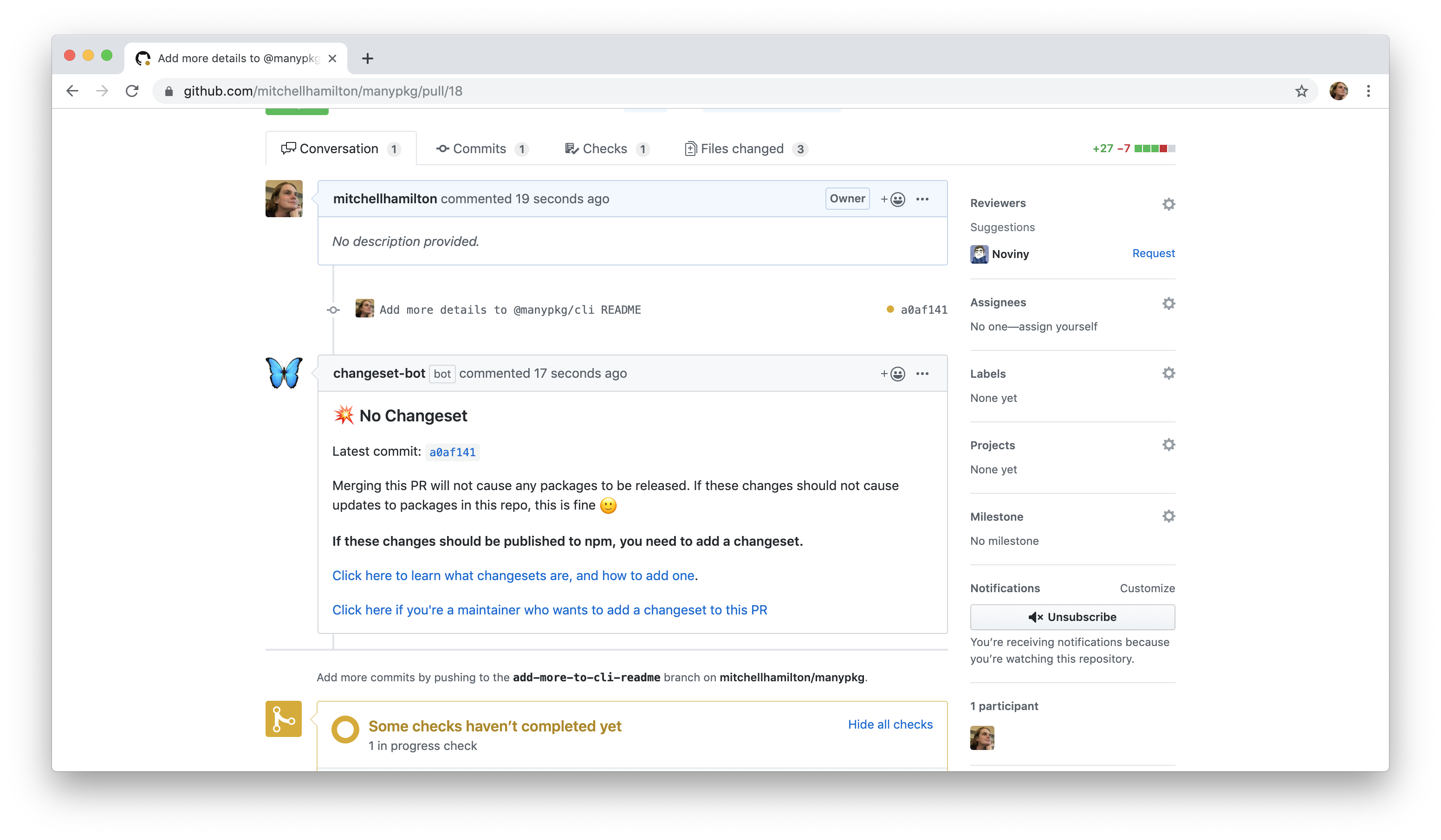 screenshot of changeset bot message from https://github.com/mitchellhamilton/manypkg/pull/18 before a changeset was added