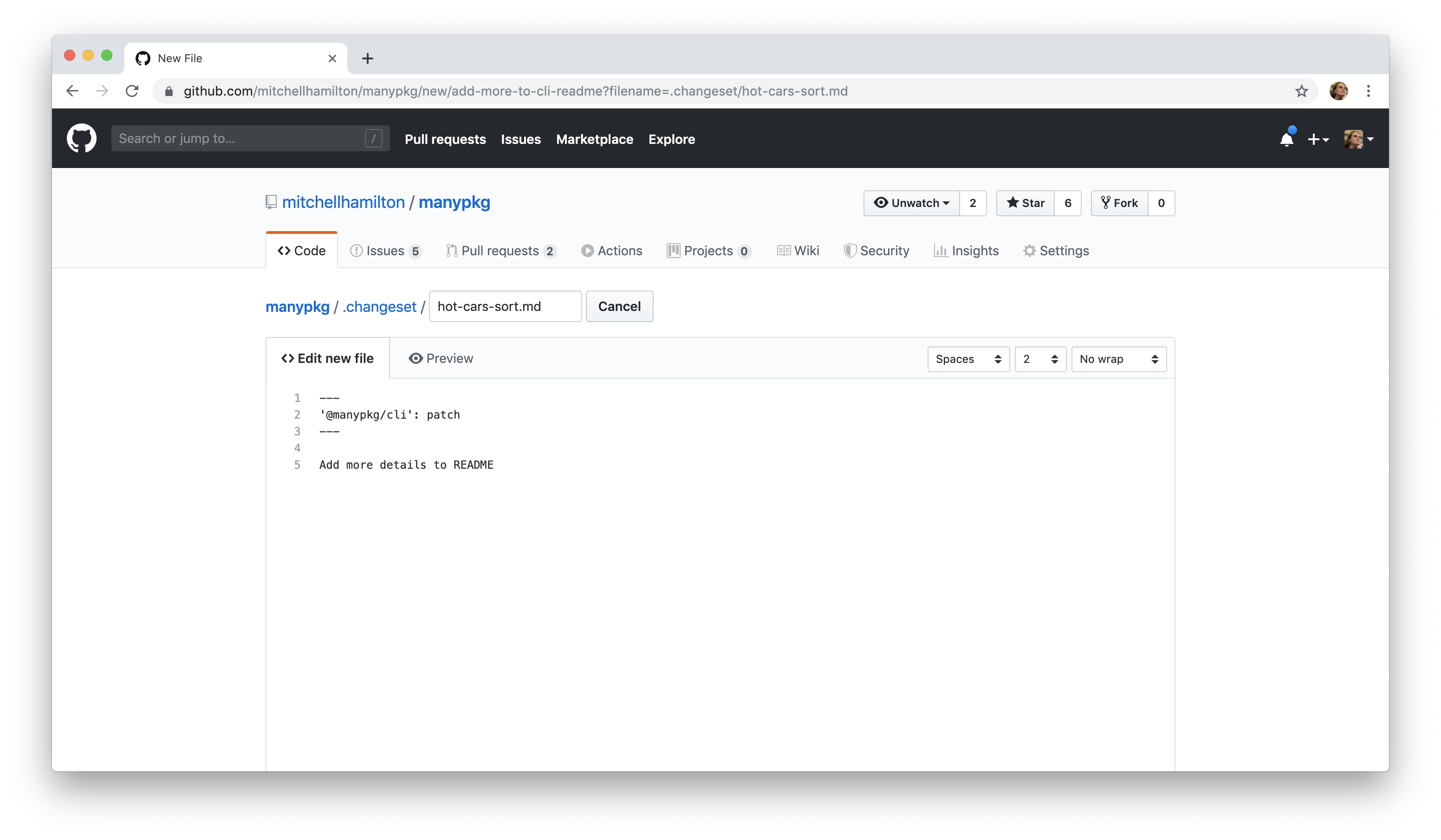 screenshot of creating a changeset directly on GitHub