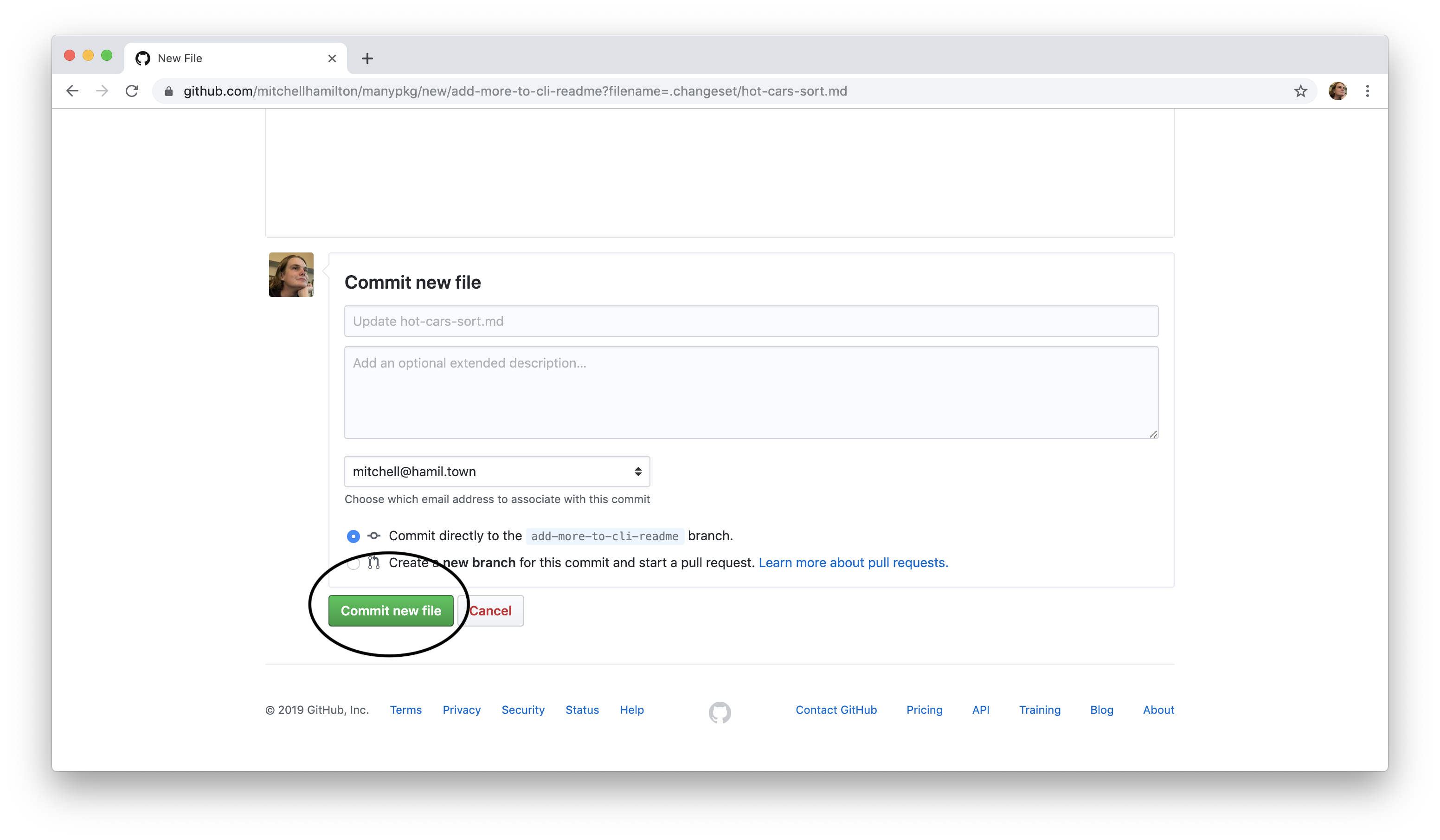 screenshot of the GitHub file creation page focusing on the commit button