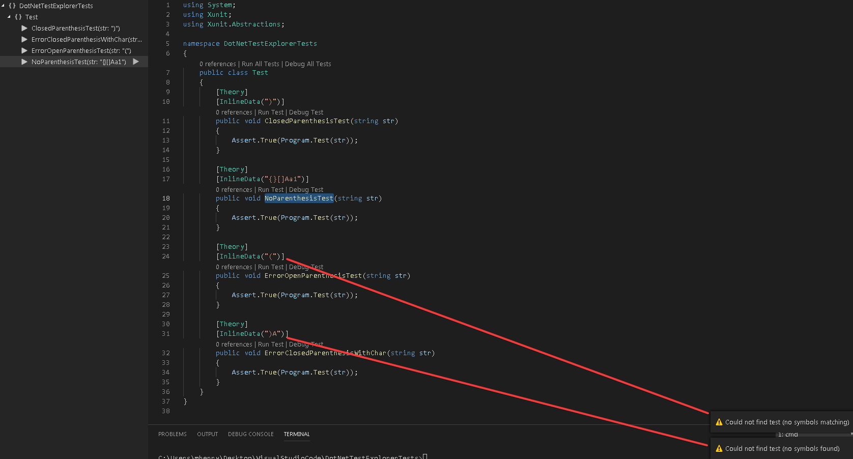 XUnit "Go To Test" error with parenthesis Could not find test (no symbols matching) · Issue