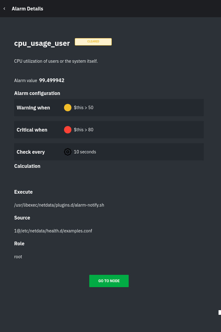 Active alarm details in Netdata
Cloud