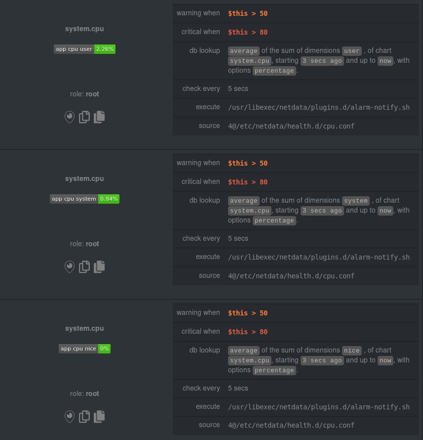 Three new alarms created from the dimension template