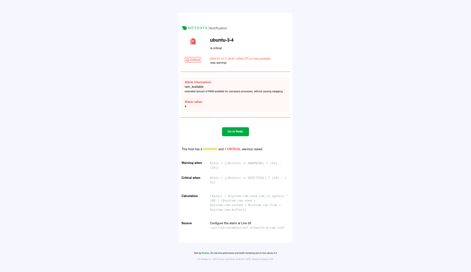 Screenshot of an alarm notification email from Netdata
Cloud