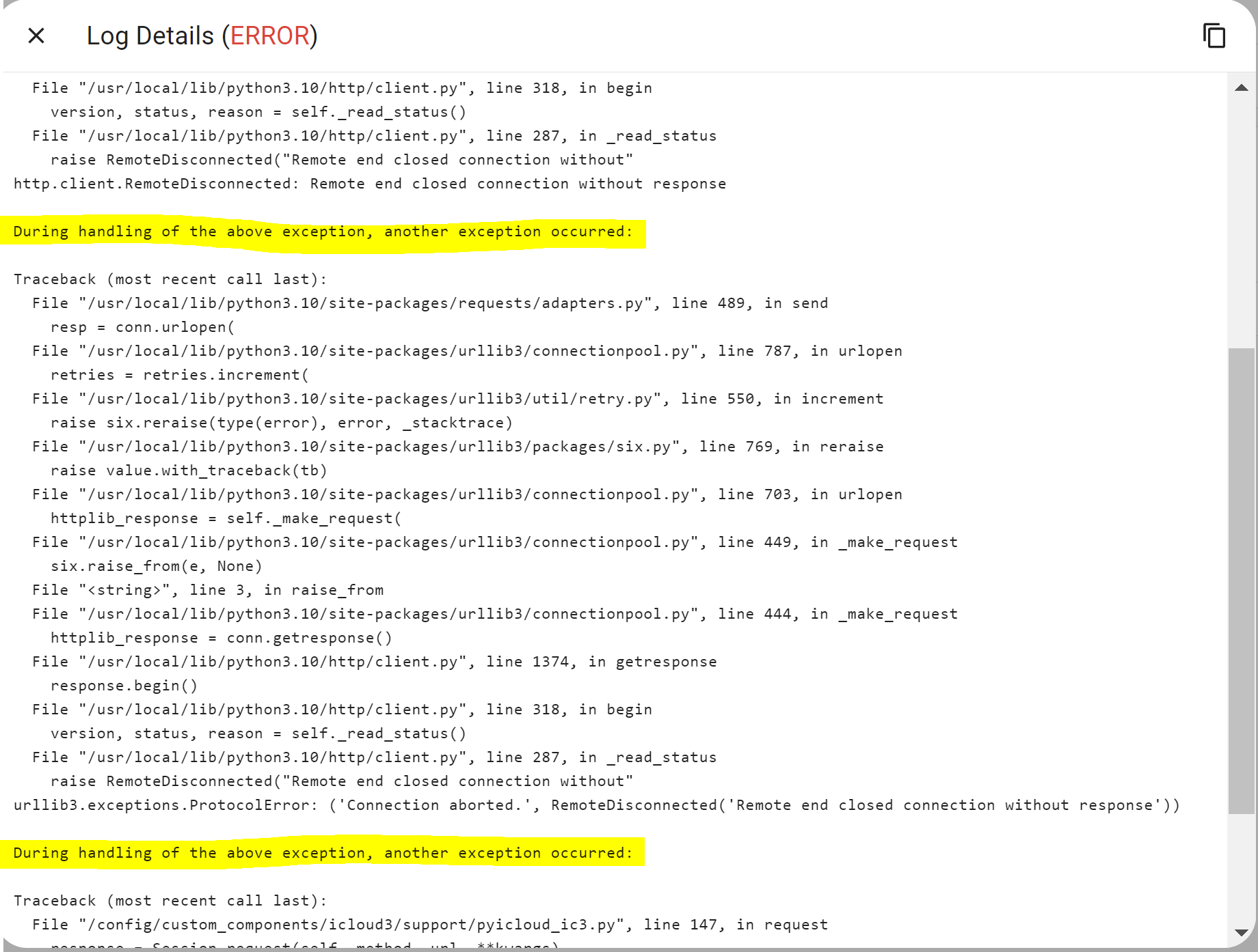 Code Review 'Connection aborted.', RemoteDisconnected('Remote end