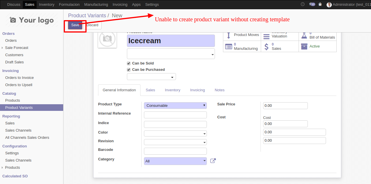 Not able to Create Product variant without Product Template · Issue
