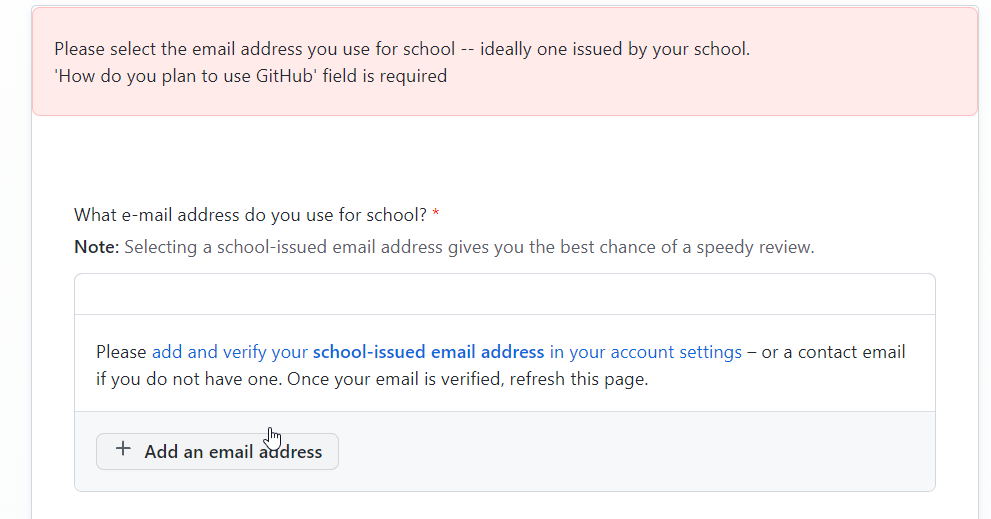 issue preventing me from submitting my github student pack request