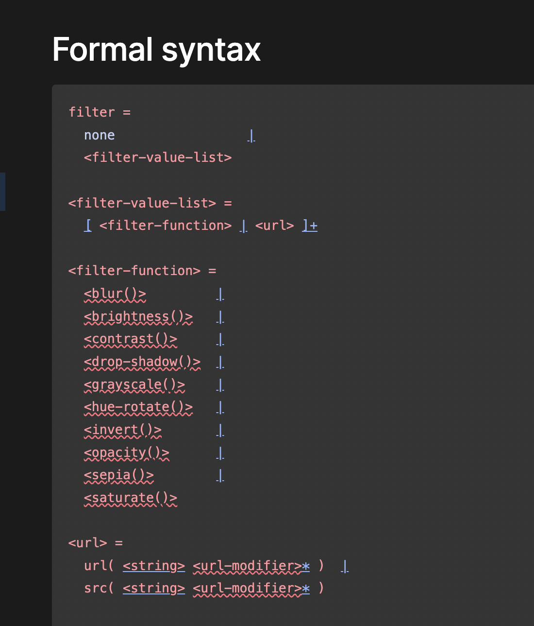 CSS Filter's Formal Syntax section contains broken links on the filter