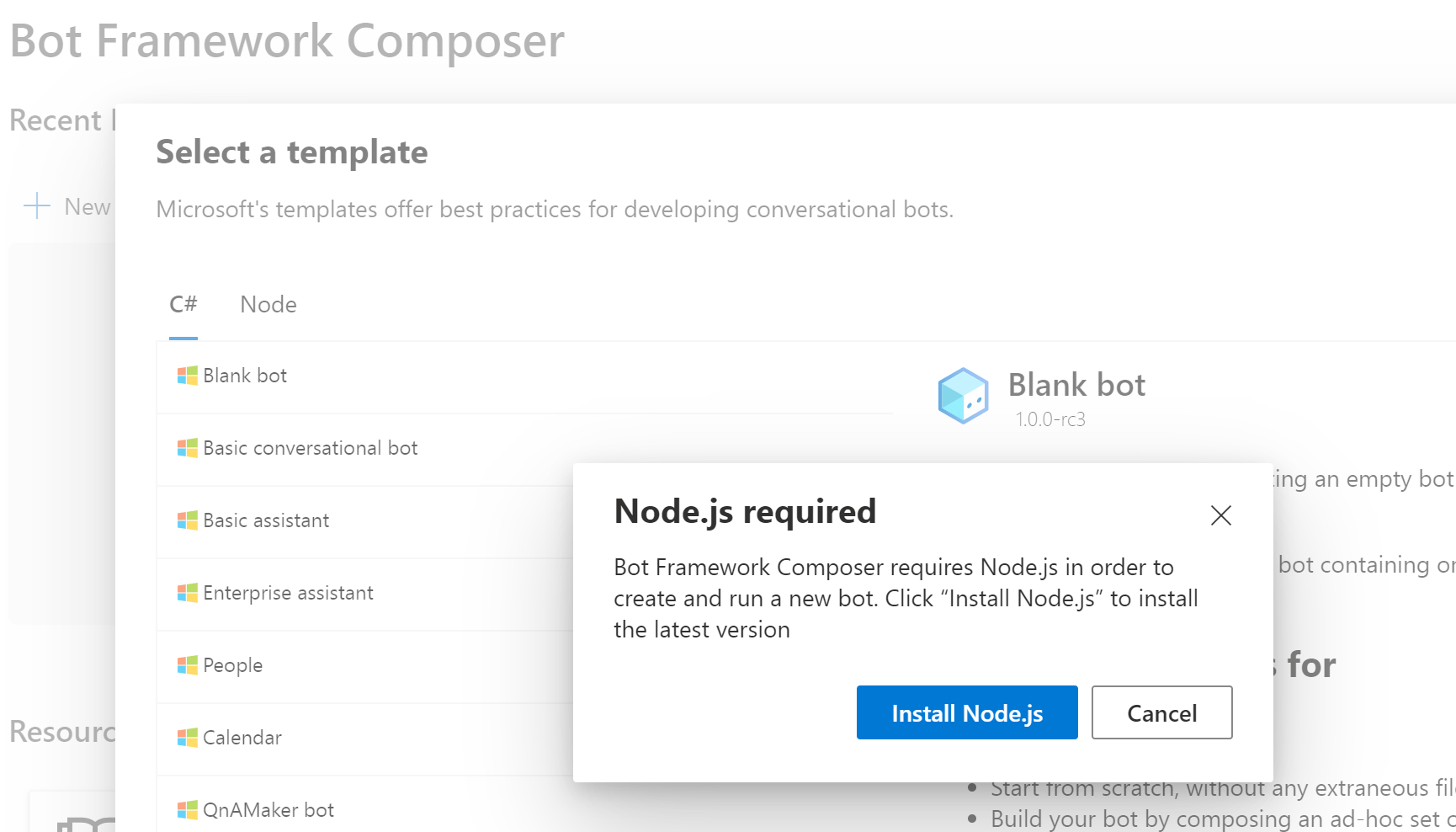 "New Bot" requires Node Installation - should have been chain installed ...