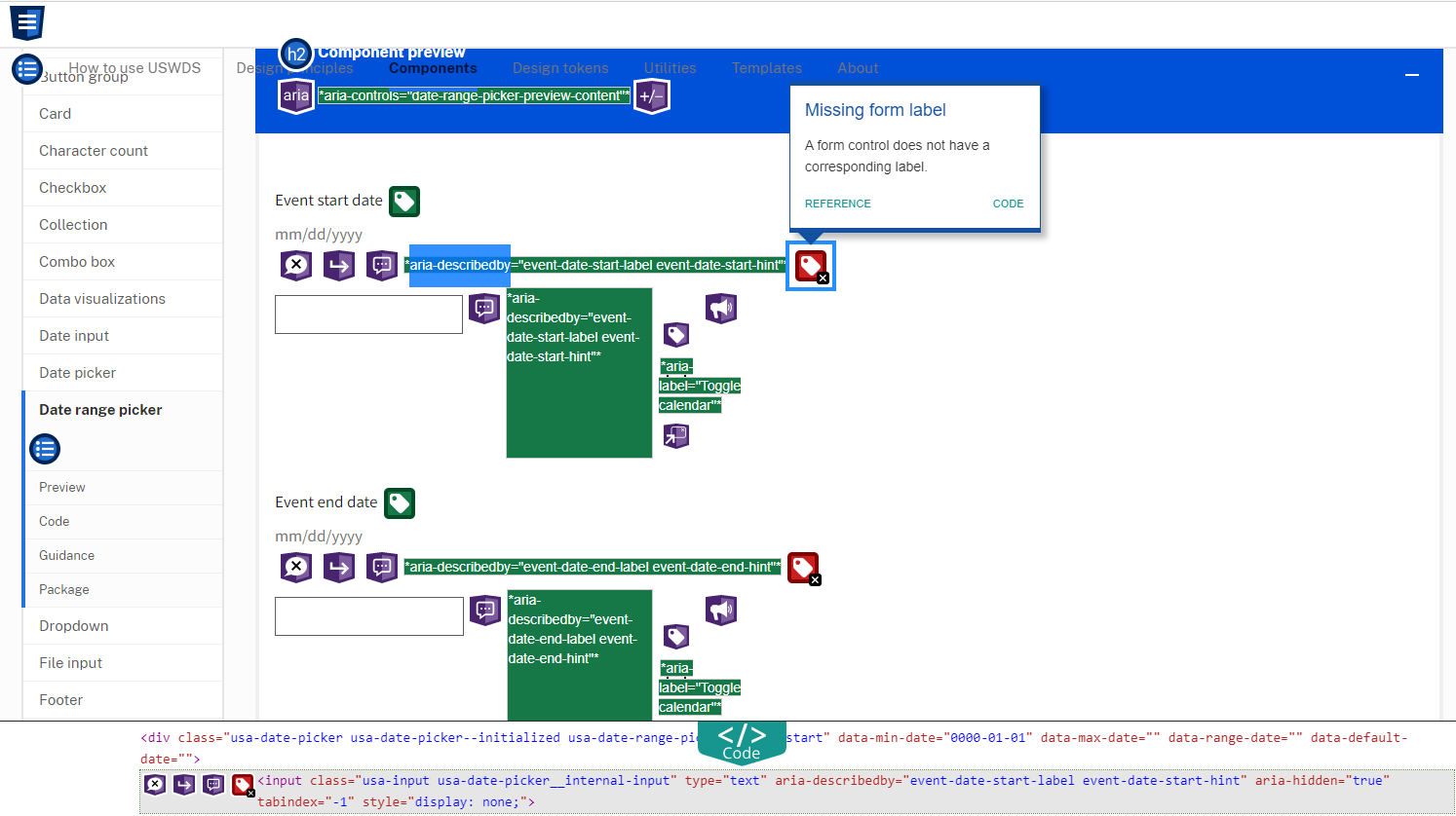 Code sample for date range picker results in 508 non-compliance · Issue ...