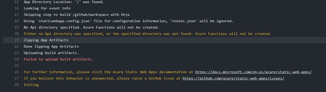 Failed to upload build artifacts · Issue #240 · Azure/static-web-apps ...