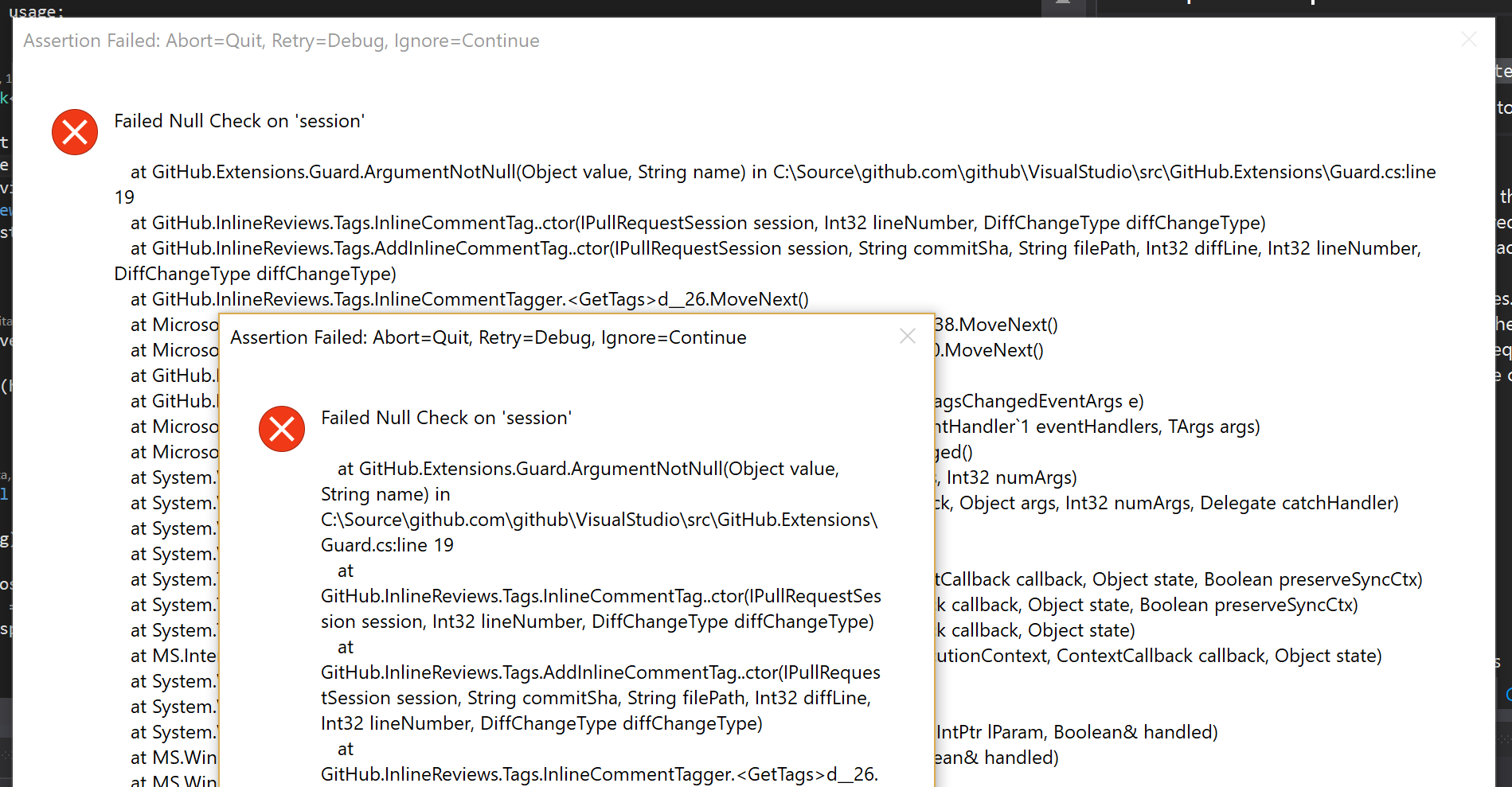 Failed Null Check on 'session' · Issue #1060 · github/VisualStudio · GitHub