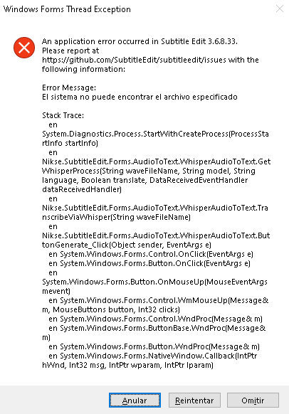 Whisper crashes when trying to use it · Issue #6381 · SubtitleEdit ...