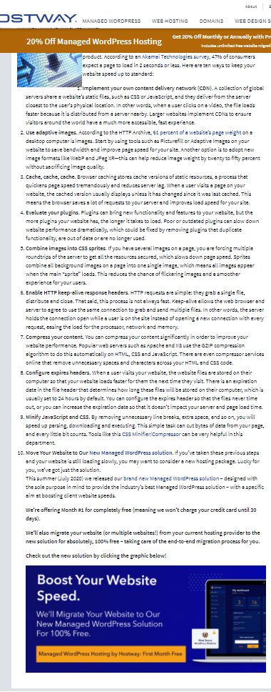 Screenshot of article on how to improve site speed