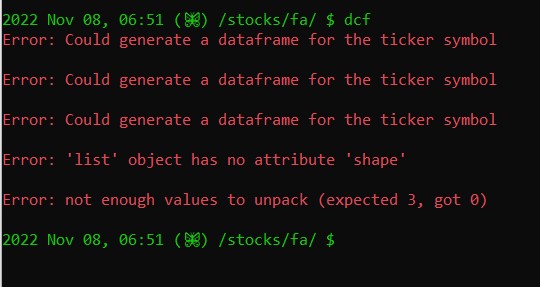 [Bug] stocks/fa/dcf -> Error: Could generate a dataframe for the ticker ...