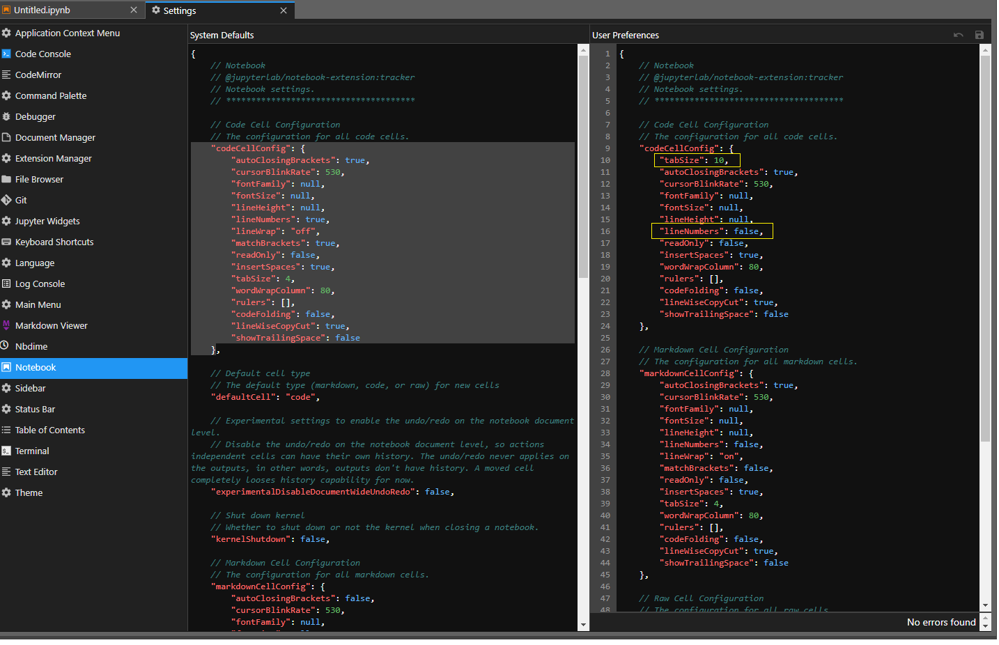 Notebook settings not respected from overrides.json when different