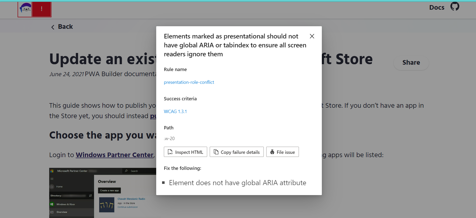 [PWA BuilderBlog] Elements marked as presentational should not have