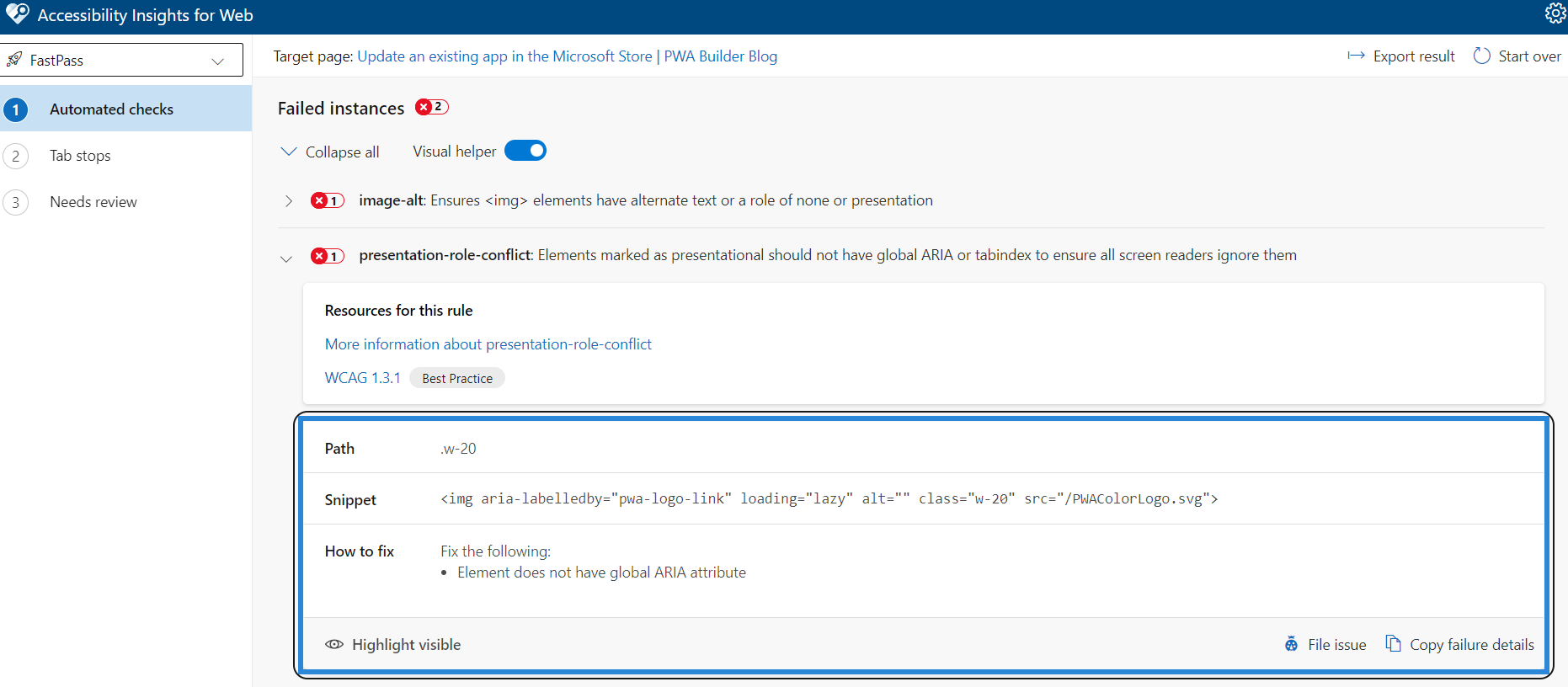 [PWA BuilderBlog] Elements marked as presentational should not have